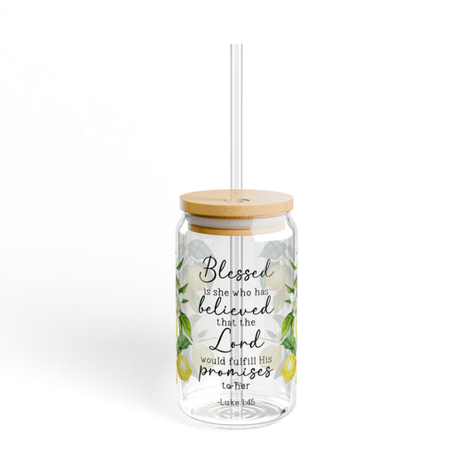 Scripture Wrap Glass Can - 16 oz Glass Cup with Lid & Straw - 16oz Boho Drinkware