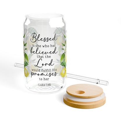 Scripture Wrap Glass Can - 16 oz Glass Cup with Lid & Straw - 16oz Boho Drinkware