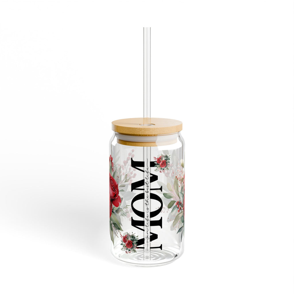Mom Glass Can with Floral Design | 16oz Sipper Glass with Lid & Straw | Cute Mother’s Day Gift | Aesthetic Drinkware for Mom