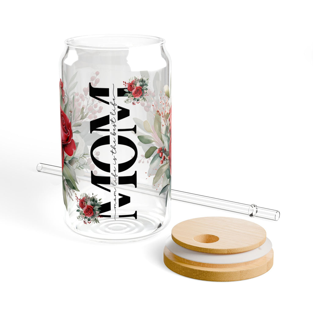 Mom Glass Can with Floral Design | 16oz Sipper Glass with Lid & Straw | Cute Mother’s Day Gift | Aesthetic Drinkware for Mom