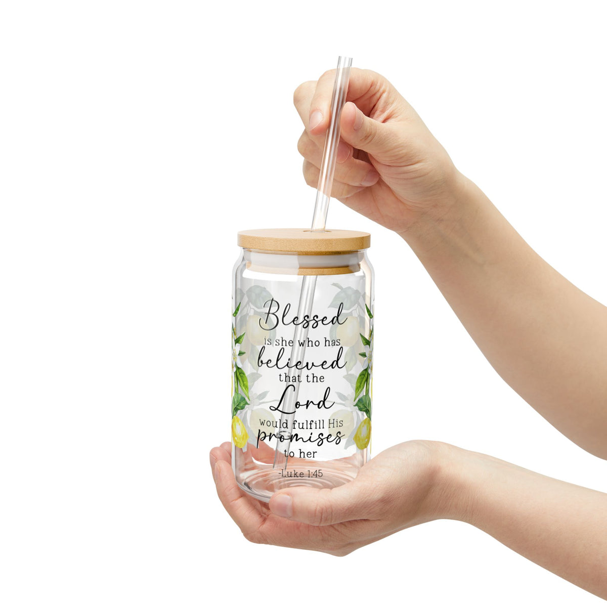 Scripture Wrap Glass Can - 16 oz Glass Cup with Lid & Straw - 16oz Boho Drinkware