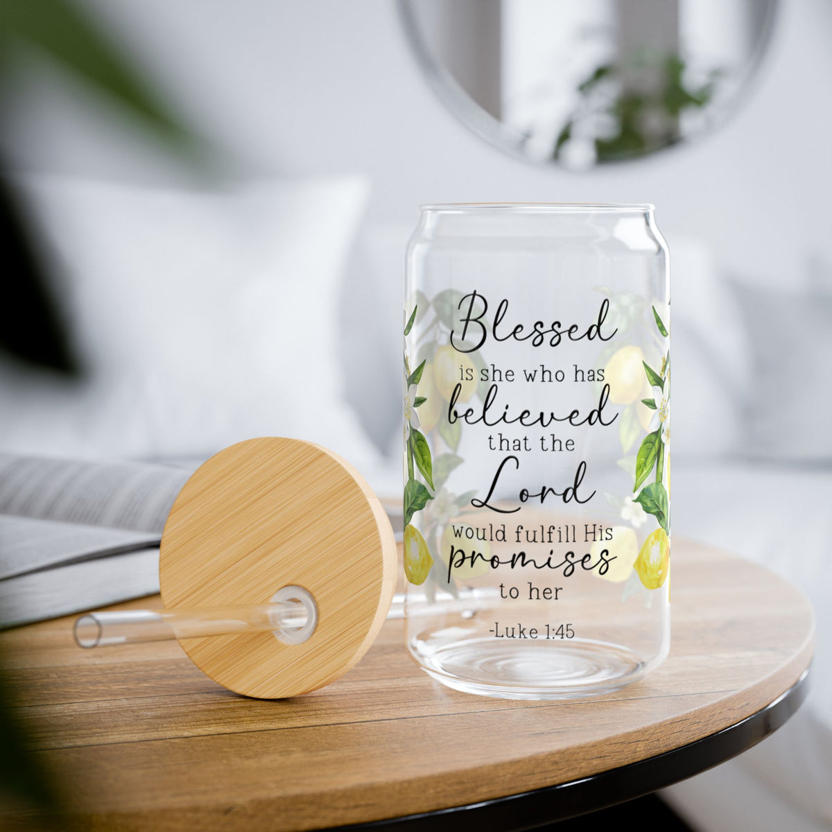 Scripture Wrap Glass Can - 16 oz Glass Cup with Lid & Straw - 16oz Boho Drinkware
