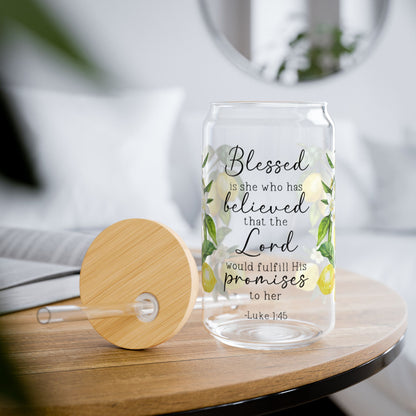 Scripture Wrap Glass Can - 16 oz Glass Cup with Lid & Straw - 16oz Boho Drinkware