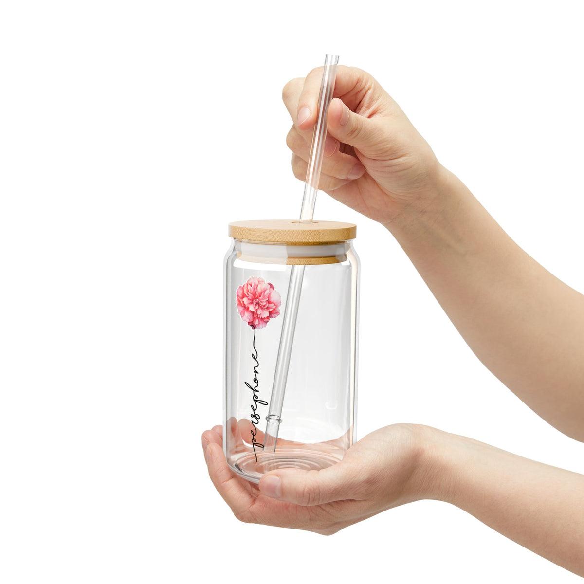 Custom Birth Flower Glass Can - Personalized Sipper Glass with Straw - Minimalist Floral Iced Coffee Cup - 16oz Boho Drinkware