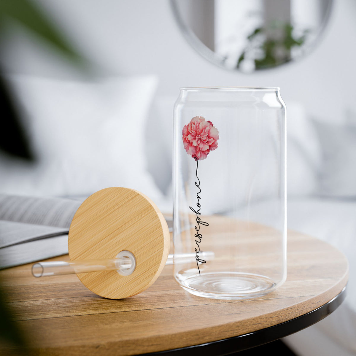 Custom Birth Flower Glass Can - Personalized Sipper Glass with Straw - Minimalist Floral Iced Coffee Cup - 16oz Boho Drinkware