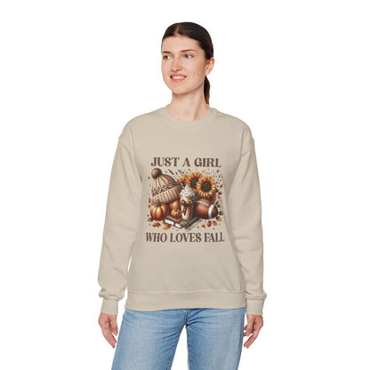 Just a Girl Who Loves Fall Sweatshirt – Cozy Autumn Crewneck with Pumpkins, Latte, and Football