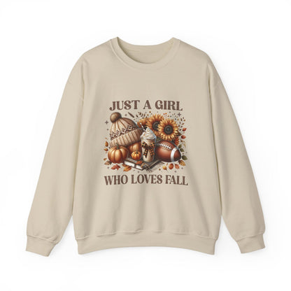Just a Girl Who Loves Fall Sweatshirt – Cozy Autumn Crewneck with Pumpkins, Latte, and Football