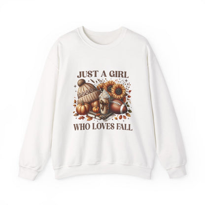 Just a Girl Who Loves Fall Sweatshirt – Cozy Autumn Crewneck with Pumpkins, Latte, and Football