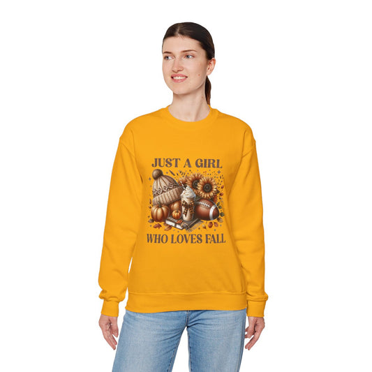 Just a Girl Who Loves Fall Sweatshirt – Cozy Autumn Crewneck with Pumpkins, Latte, and Football