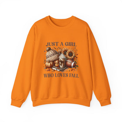 Just a Girl Who Loves Fall Sweatshirt – Cozy Autumn Crewneck with Pumpkins, Latte, and Football