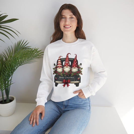 Merry Christmas Gnome Crew Sweatshirt – 3 Gnomes in a Truck | Holiday Print