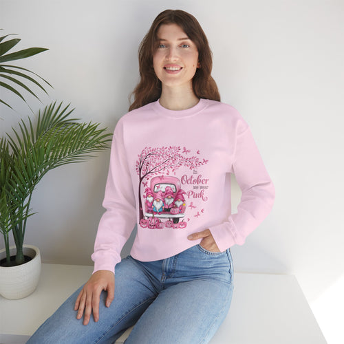In October We Wear Pink Gnome Sweatshirt | Breast Cancer Awareness Crewneck