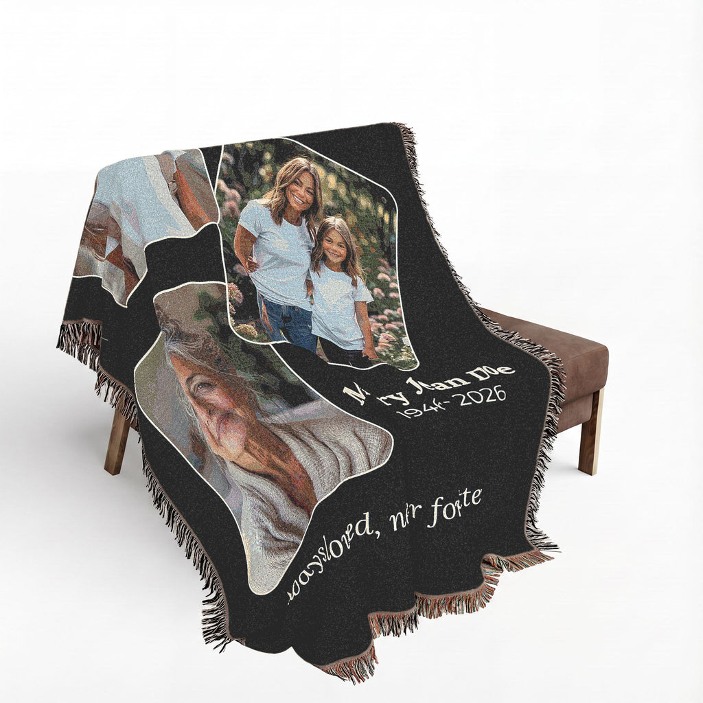 Custom remembrance blanket featuring personal photographs and memorial sentiment