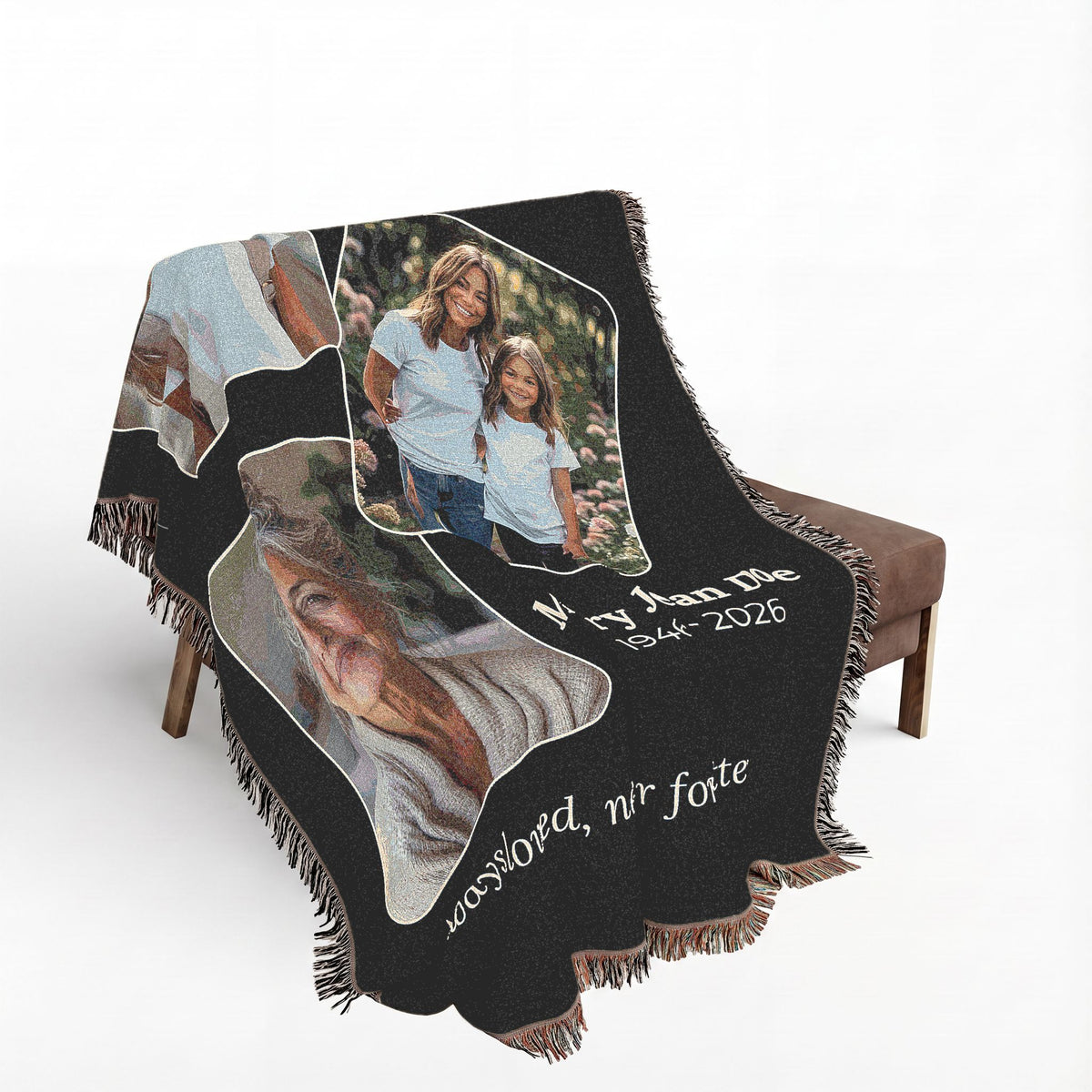 Custom remembrance blanket featuring personal photographs and memorial sentiment