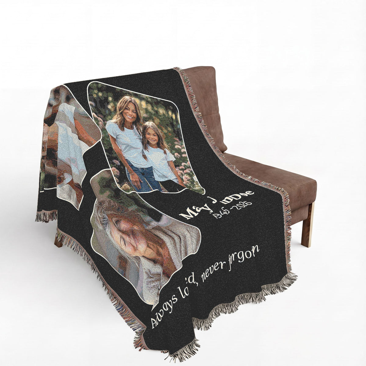 Custom remembrance blanket featuring personal photographs and memorial sentiment