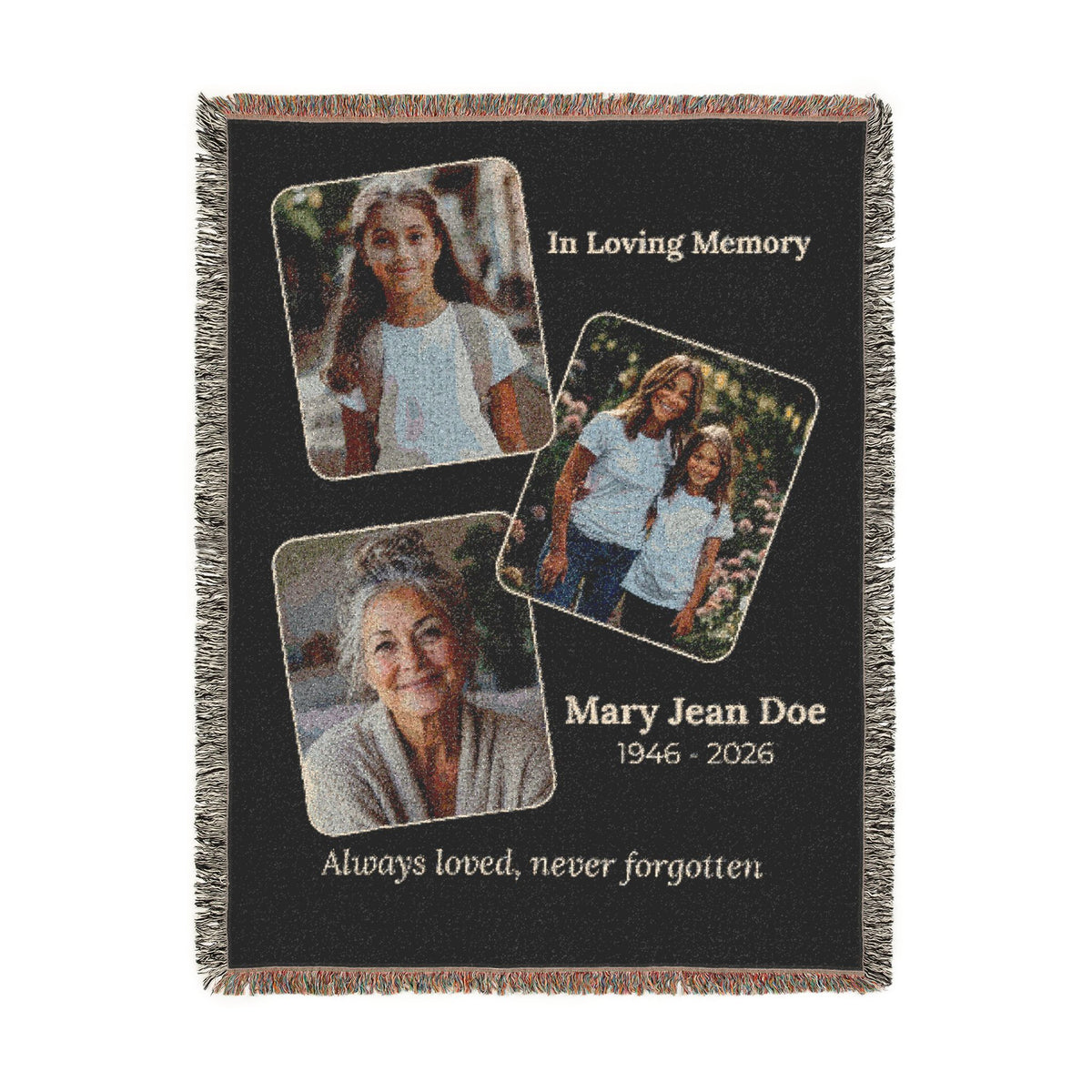Personalized memorial photo blanket featuring three cherished photos, name and remembrance dates