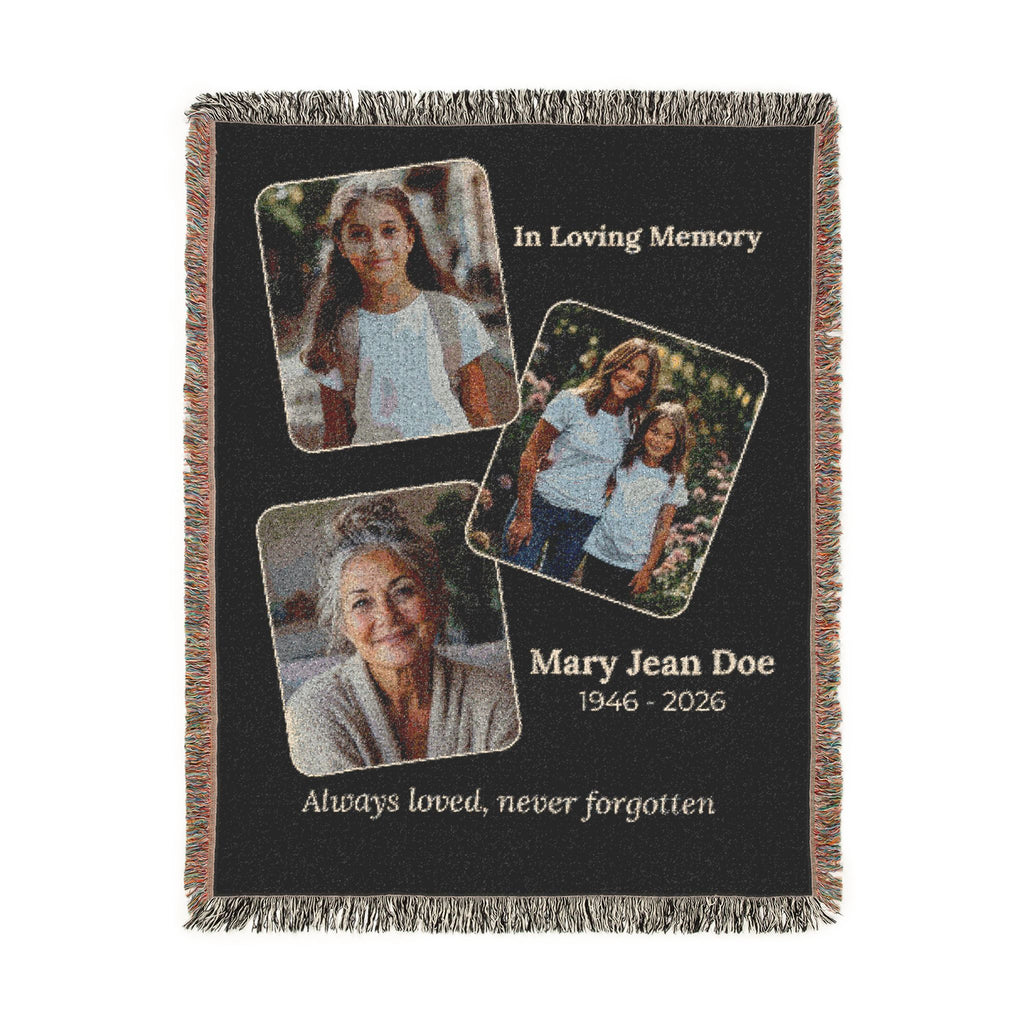 Personalized memorial photo blanket featuring three cherished photos, name and remembrance dates
