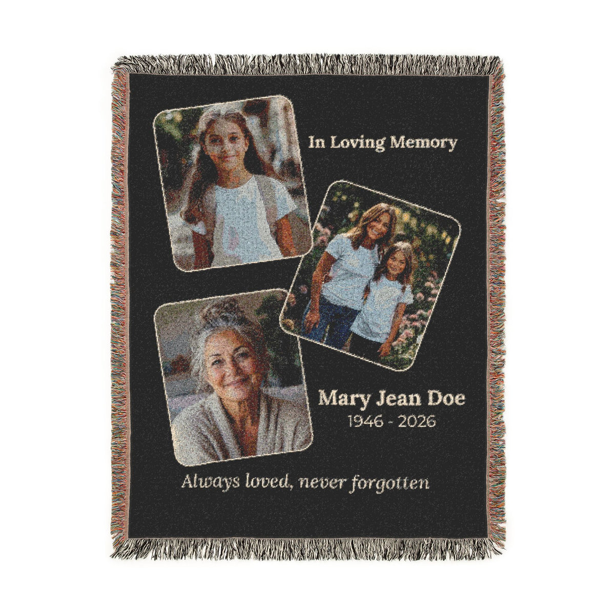 Personalized memorial photo blanket featuring three cherished photos, name and remembrance dates